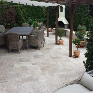 ivory unfilled and tumbled french pattern alfresco area travertine tiles