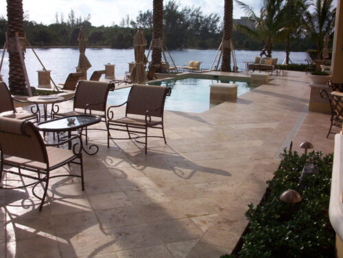 Noce travertine Tiles unfilled and tumbled pool pavers and coping