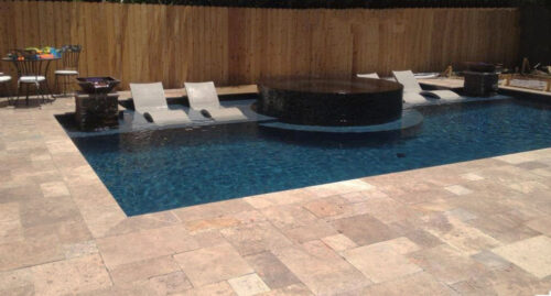 Noce Travertine Tiles french pattern pool coping and pavers