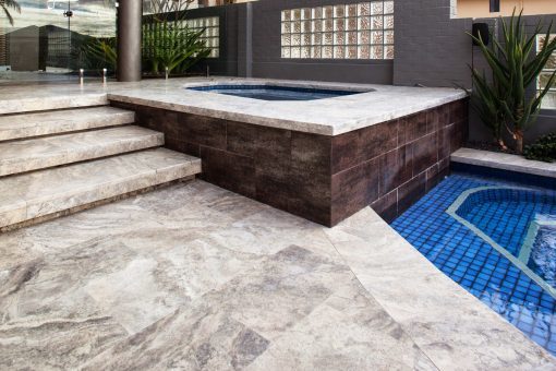 silver travertine unfilled and tumbled outdoor area pool pavers and coping